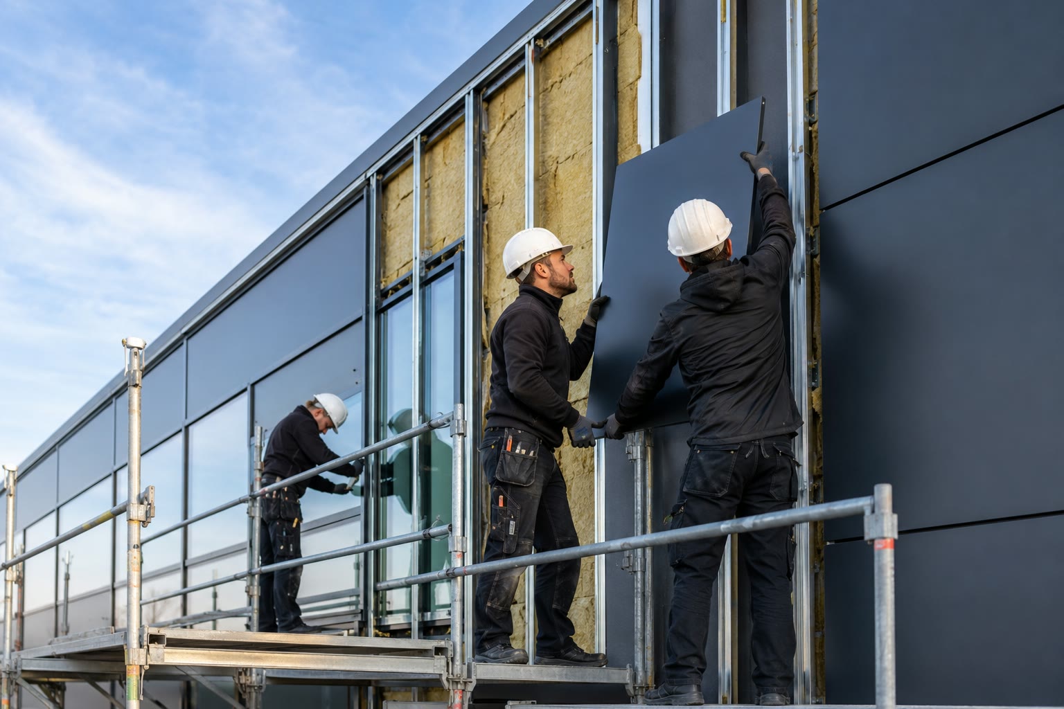 Fassadenbauer montieren dunkle Fassadenplatten an einem Gewerbegebäude
