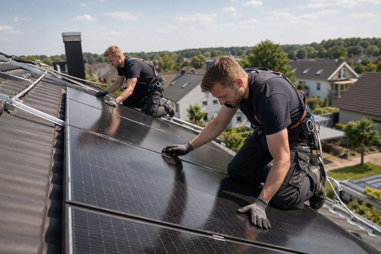 Zwei Monteure installieren Photovoltaikmodule auf einem Hausdach